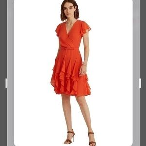 LAUREN Ralph Lauren V-neck Belted Ruffle-Trim Chiffon Dress in Orange Size 10